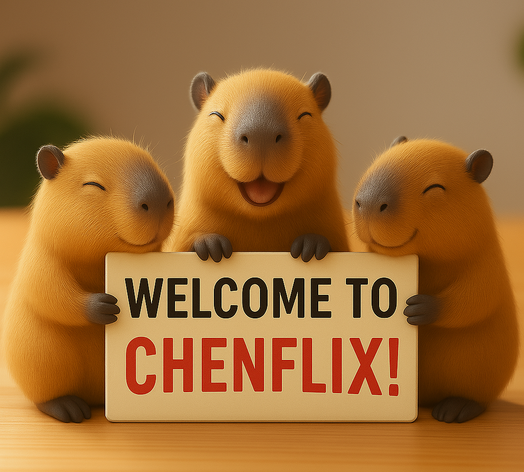 Three cheerful capybaras holding a sign that reads 'Welcome to Chenflix!', representing the site's mascots.